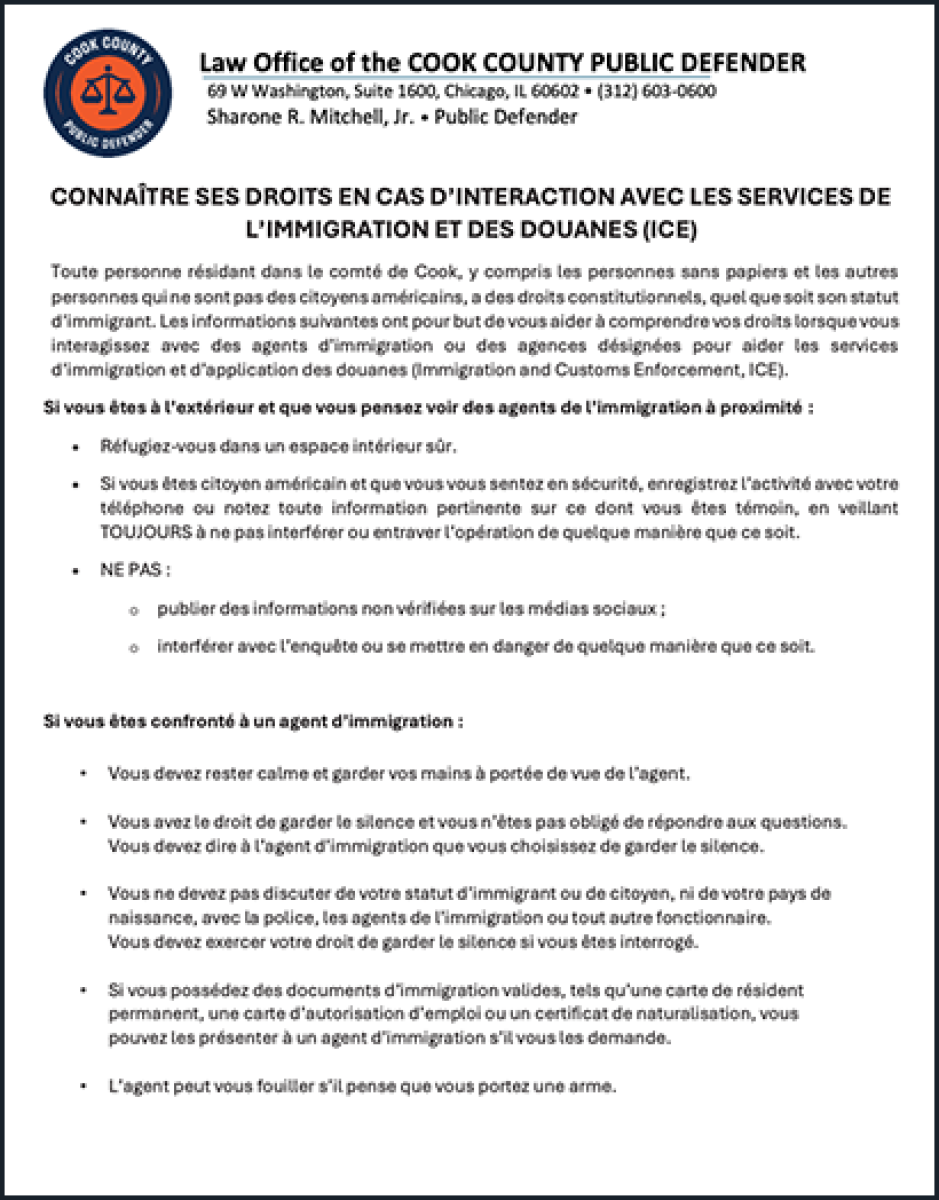 Thumbnail image of a PDF titled ‘Know Your Rights When Interacting with I.C.E. (Public Defender),’ traduit en français