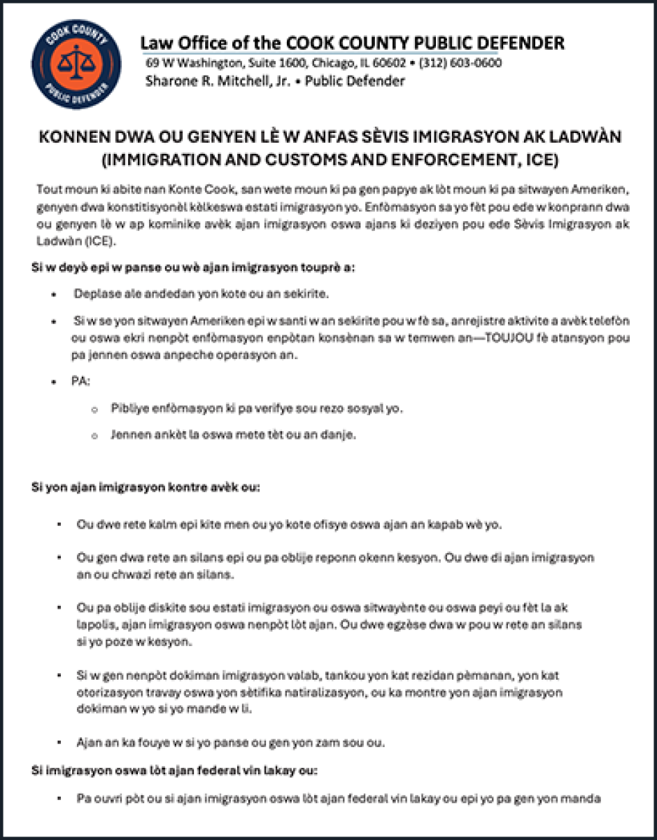 Thumbnail image of a PDF titled ‘Know Your Rights When Interacting with I.C.E. (Public Defender),’ tradui an kreyòl ayisyen