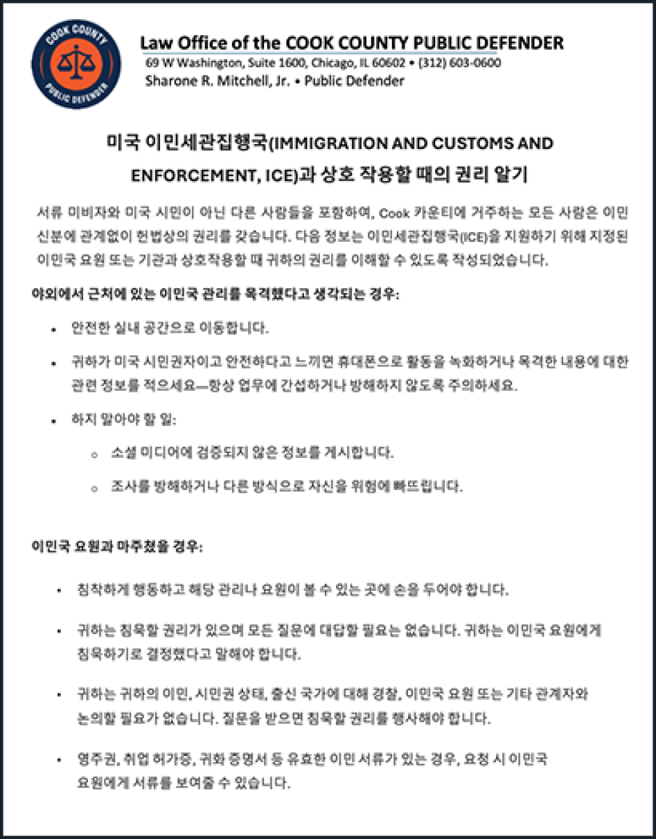Thumbnail image of a PDF titled ‘Know Your Rights When Interacting with I.C.E. (Public Defender),’ 한국어로 번역됨