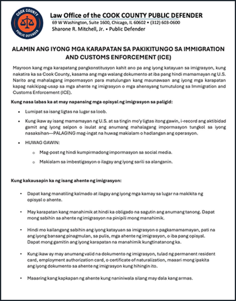 Thumbnail image of a PDF titled ‘Know Your Rights When Interacting with I.C.E. (Public Defender),’ isinalin sa Tagalog