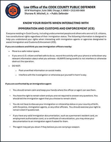 Thumbnail image of a PDF titled ‘Know Your Rights When Interacting with I.C.E. (Public Defender),’ English