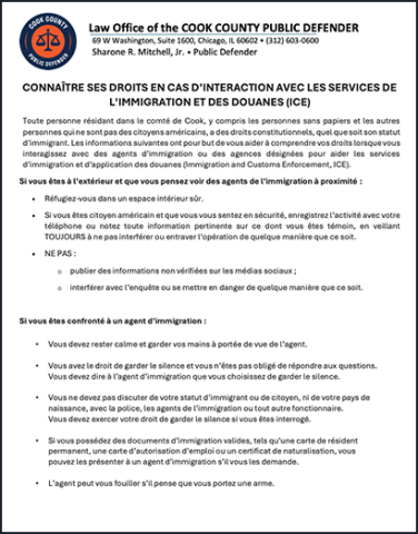 Thumbnail image of a PDF titled ‘Know Your Rights When Interacting with I.C.E. (Public Defender),’ traduit en français