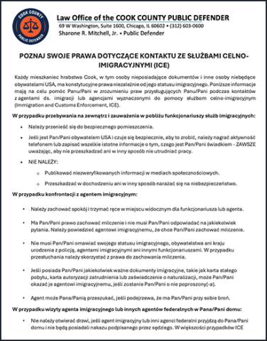 Thumbnail image of a PDF titled ‘Know Your Rights When Interacting with I.C.E. (Public Defender),’ przetłumaczone na język polski