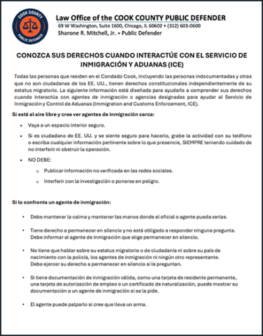 Thumbnail image of a PDF titled ‘Know Your Rights When Interacting with I.C.E. (Public Defender),’ traducido al español