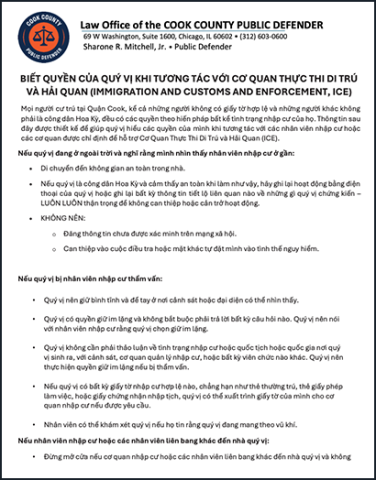 Thumbnail image of a PDF titled ‘Know Your Rights When Interacting with I.C.E. (Public Defender),’ được dịch sang tiếng Việt